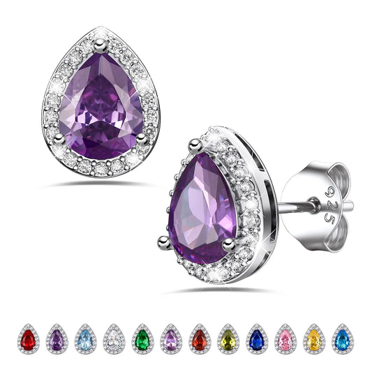 925 Sterling Silver Birthstone Stud Earrings for Women, Sparking February Teardrop Cut Diamond Earrings for Sensitive Ears