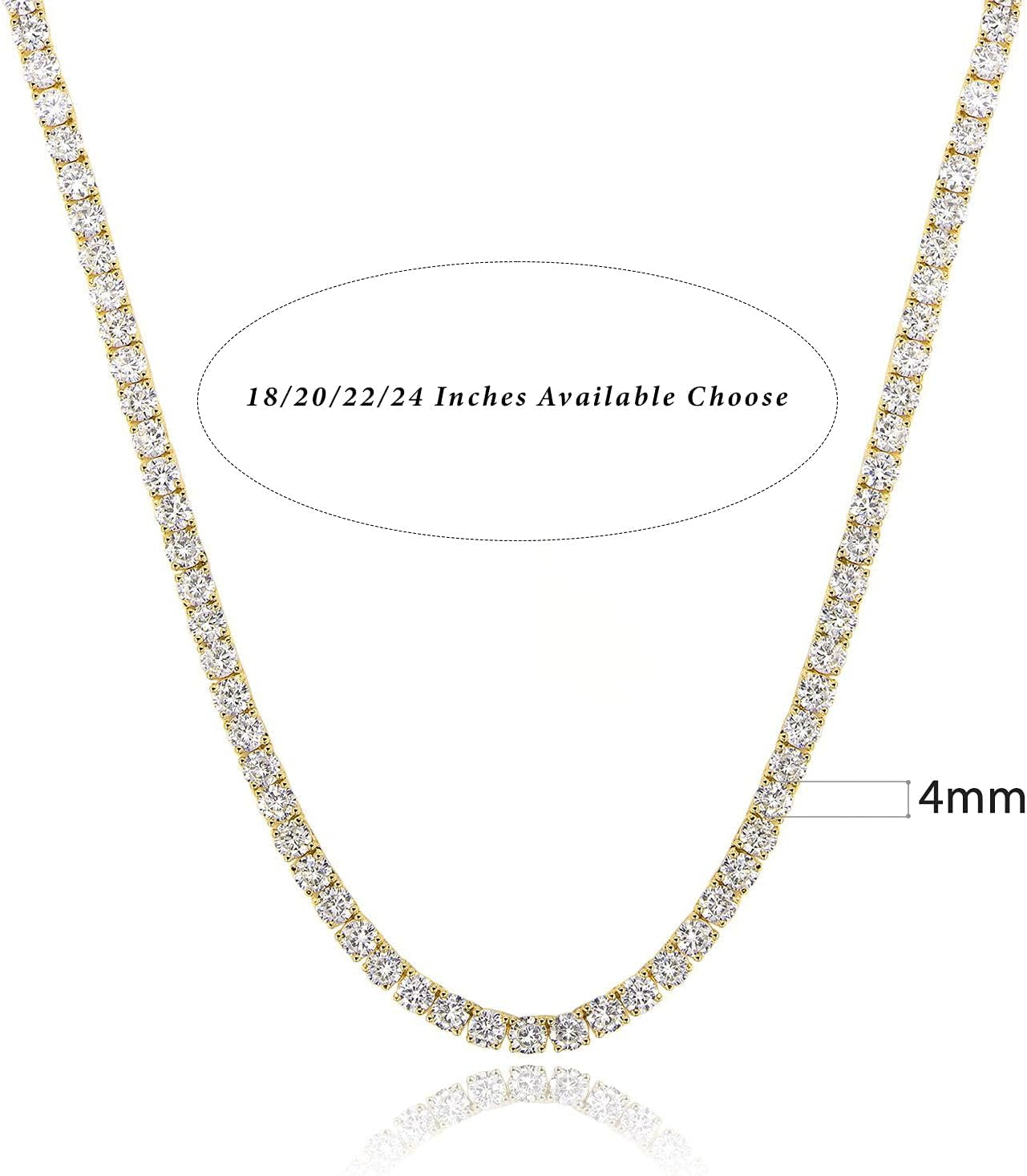 4.0Mm CZ Tennis Necklace, 18K White/Yellow Gold Plated 4.0Mm round Cubic Zirconia Classic Tennis Necklace 16-24 Inches