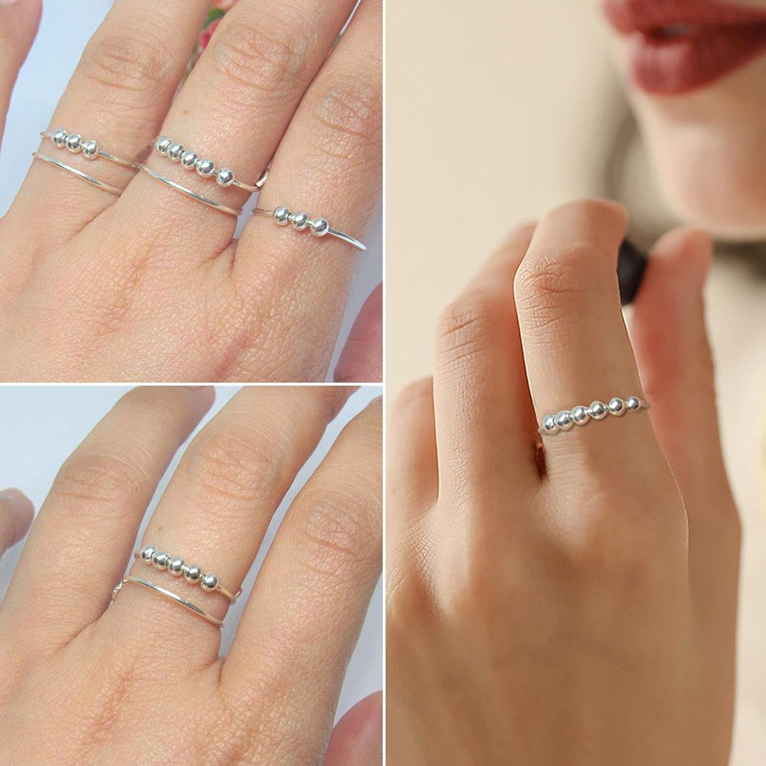 Silver Adjustable Fidget Rings, Anxiety Relief Ring, Anti-Worry Bead Rings Spinner Ring Gift for Women Men