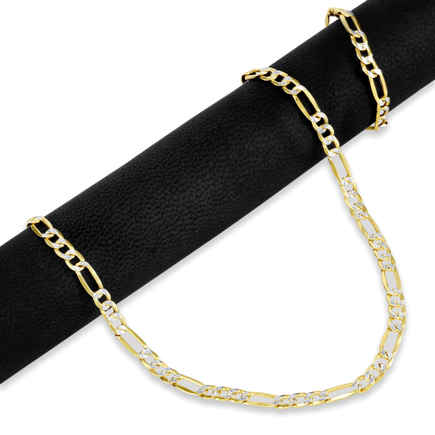 14K Real Yellow Gold Figaro Link 4.5Mm Diamond Cut Pave Chain Bracelet (7"-9") Two Tone Italian Jewelry for Men & Women