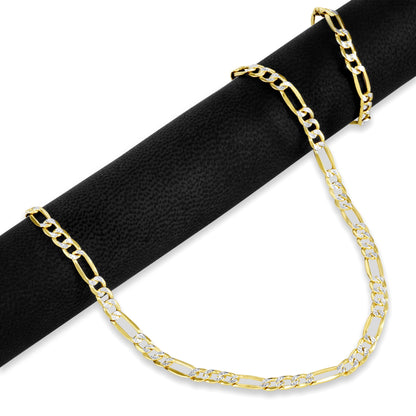 14K Real Yellow Gold Figaro Link 4.5Mm Diamond Cut Pave Chain Bracelet (7"-9") Two Tone Italian Jewelry for Men & Women