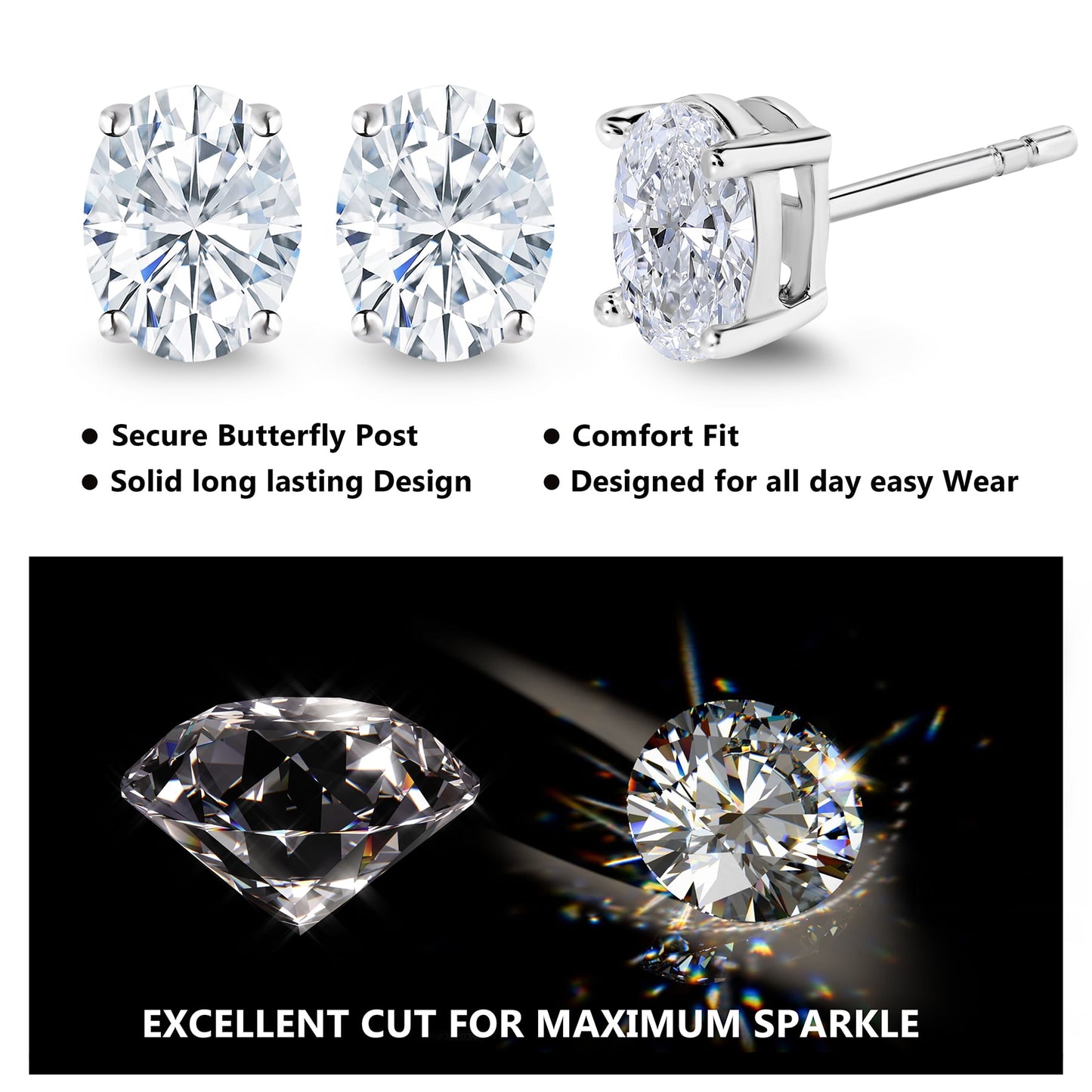 4 Prong 0.5 Carat Oval Cut Moissanite Solitaire Stud Earrings in 18K Rose Gold Plating for Women