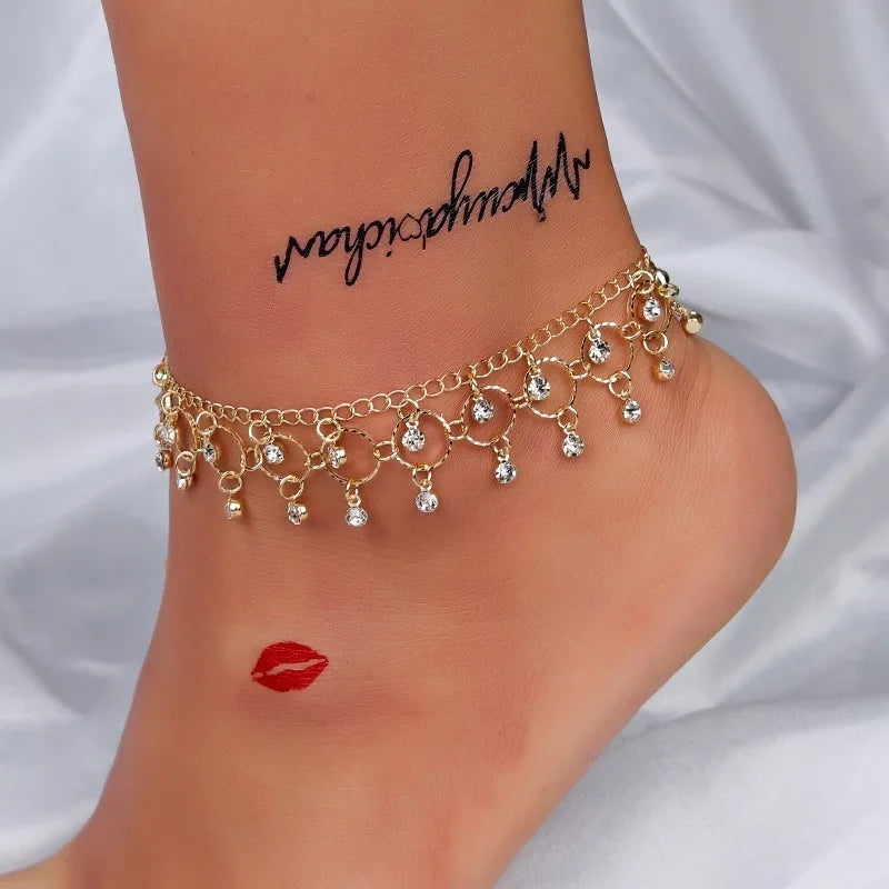 New Fashion Summer Beach Foot Chain Jewelry for Women Exquisite Gold Silver Color Shiny Rhinestones Ankle Bracelets Anklet