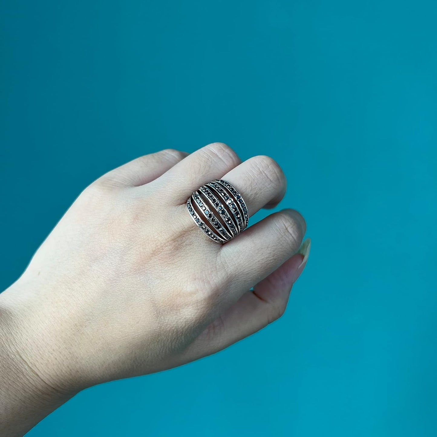 Vintage Wide Ring Classic Black Marcasite Crystal Rows Statement Silver Chunky Rings