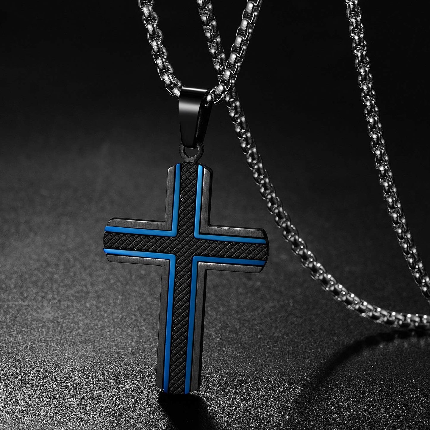 Men'S Stainless Steel Cross Necklace,Two-Tone Black & Blue Carbon Fiber Pendant - Included Gift Box