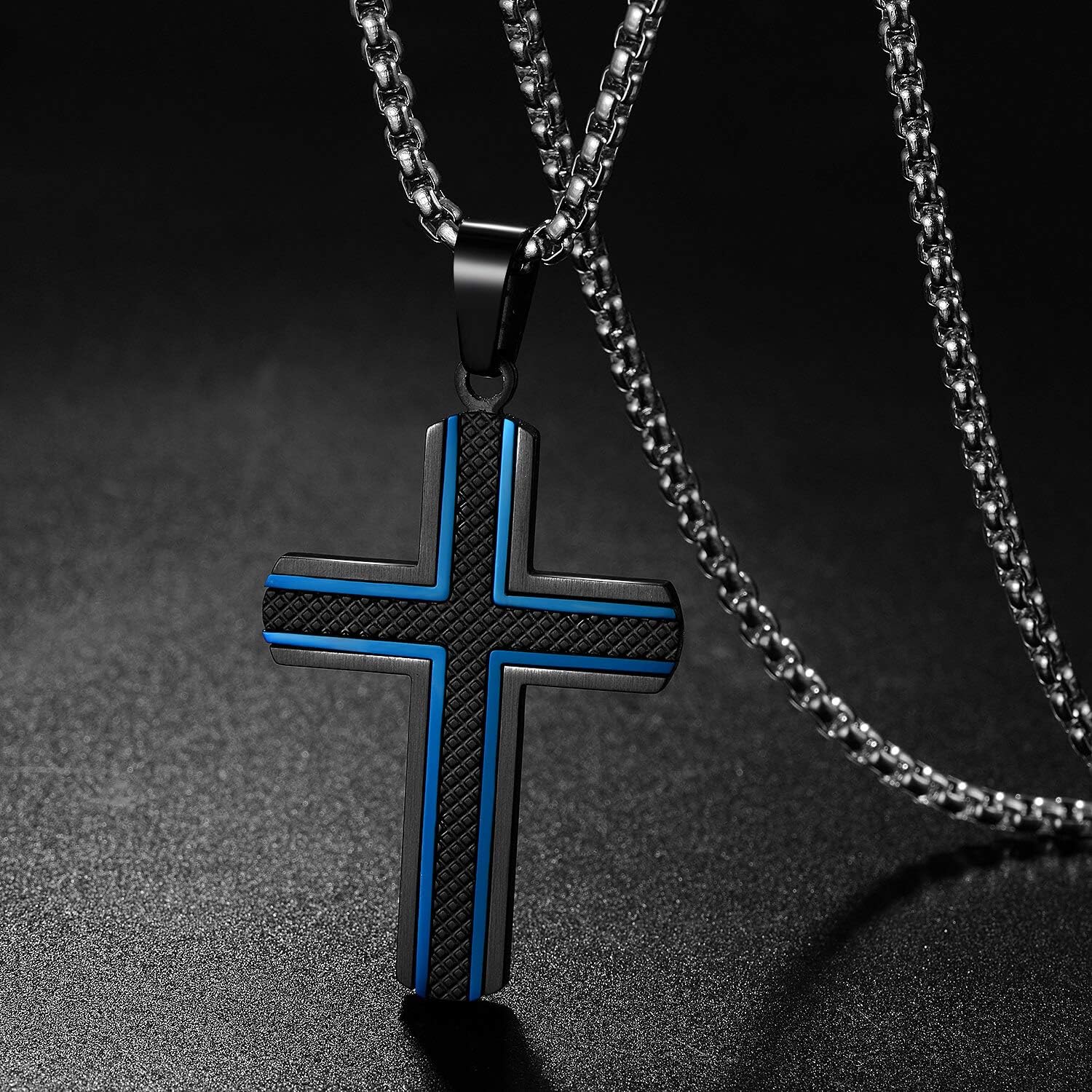 Men'S Stainless Steel Cross Necklace,Two-Tone Black & Blue Carbon Fiber Pendant - Included Gift Box