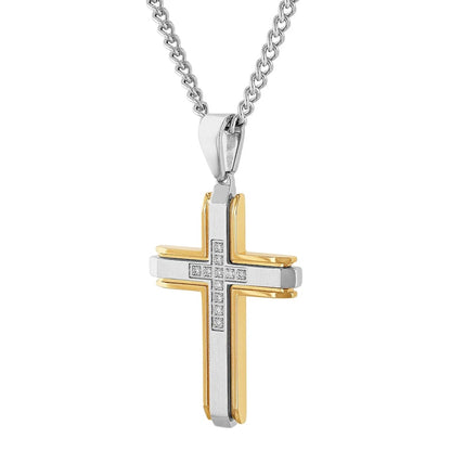 Mens 1/5 Ctw Lab-Grown Diamond Two-Tone Stainless Steel Cross Pendant Necklace -
