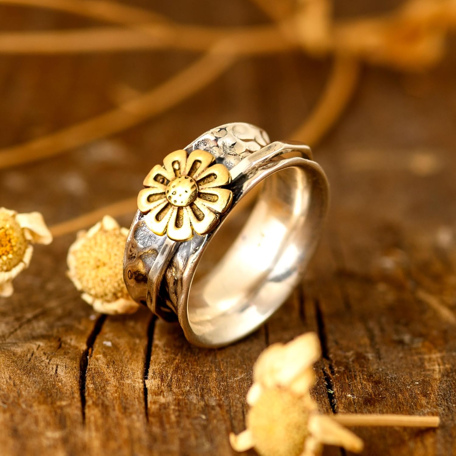 Sunflower Ring, Spinner Rings for Women 925 Sterling Silver and Brass Sunflower | Nature Wide Band Fidget Meditation Anxiety Jewelry