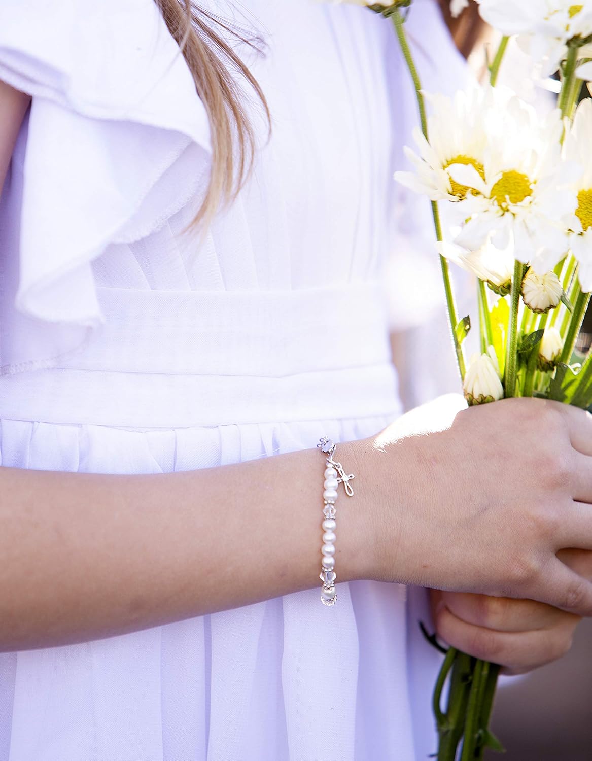 Babe to Bride Keepsake Cross Bracelet Baptism Gift for Infant Newborn Baby Girl in Sterling Silver with Cultured Pearls
