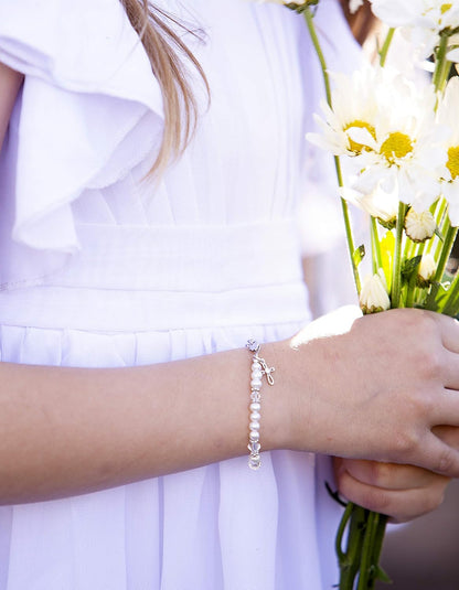 Babe to Bride Keepsake Cross Bracelet Baptism Gift for Infant Newborn Baby Girl in Sterling Silver with Cultured Pearls