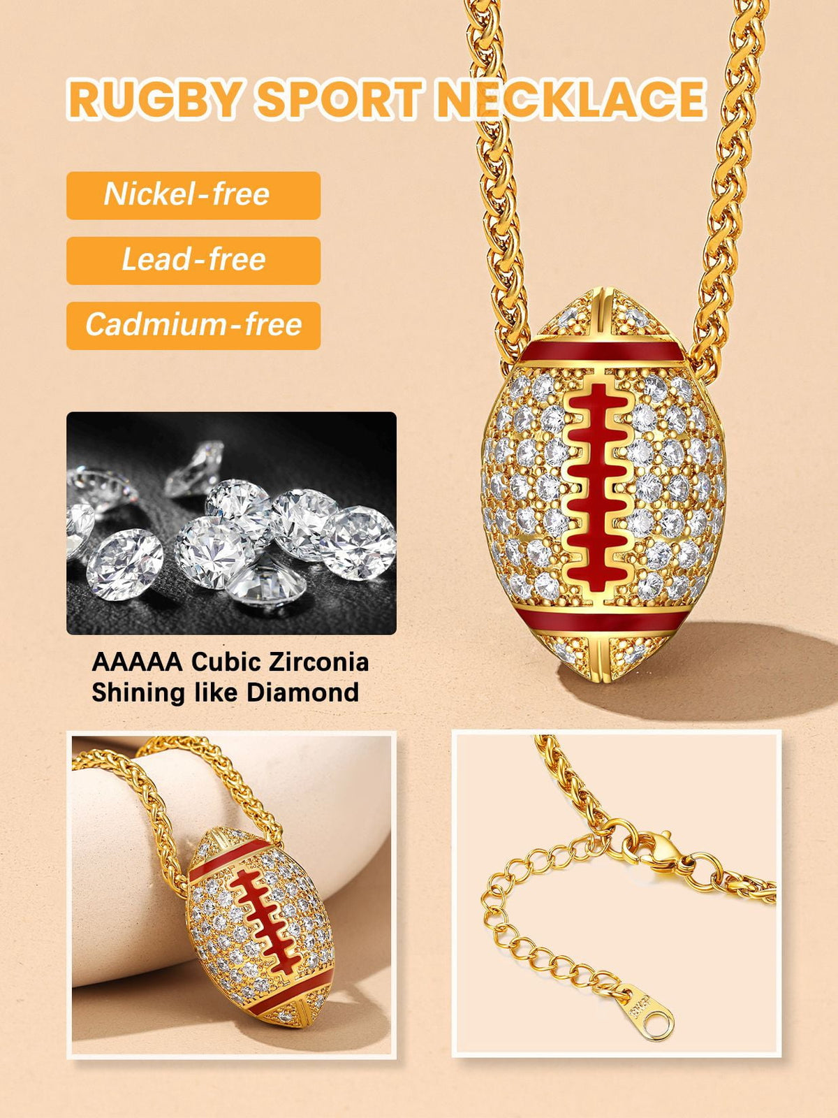 18K Gold-Plated Iced-Out American Football Pendant Necklace