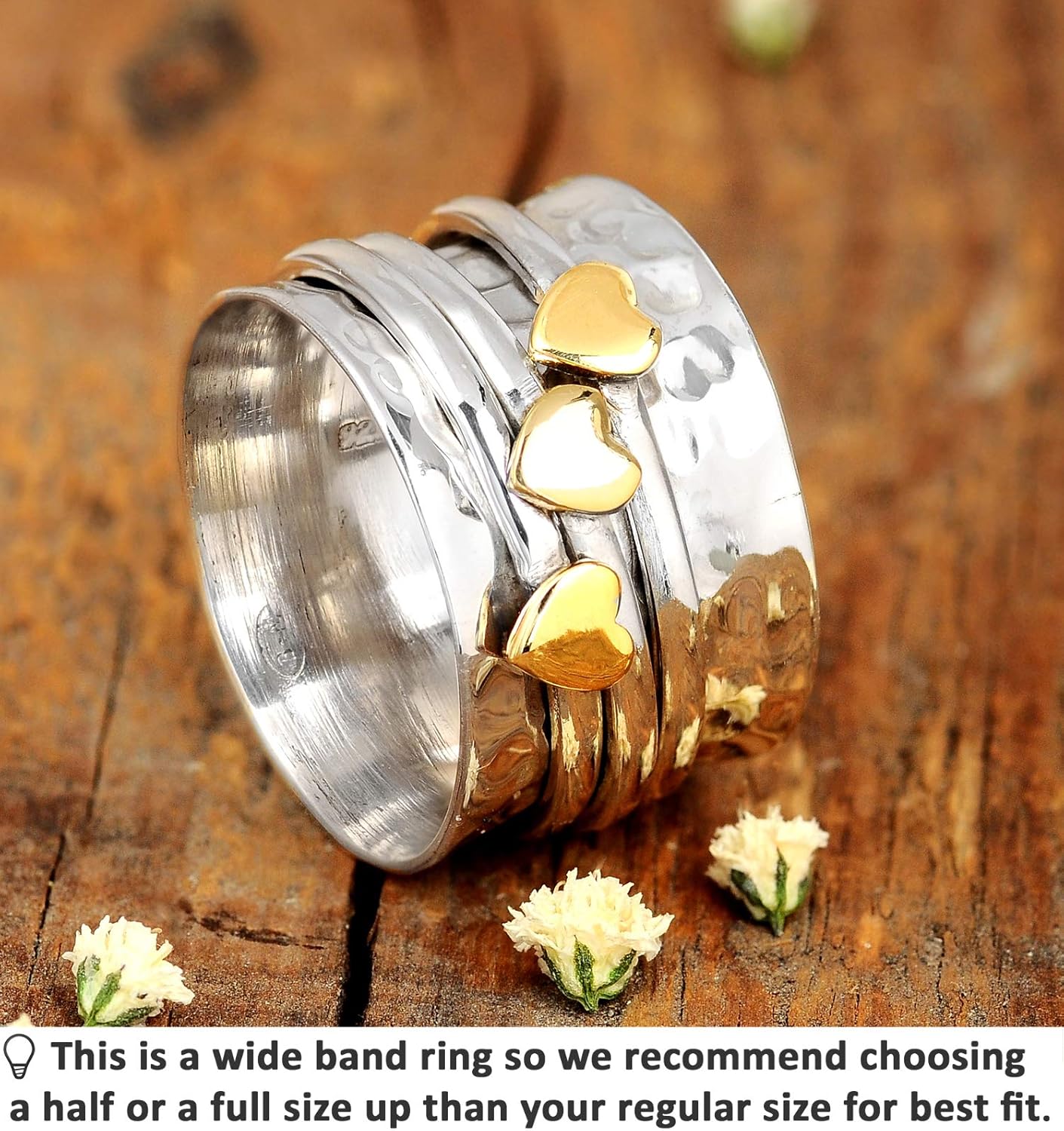 Spinner Ring for Women 925 Sterling Silver with Brass Hearts and Fidget Bands