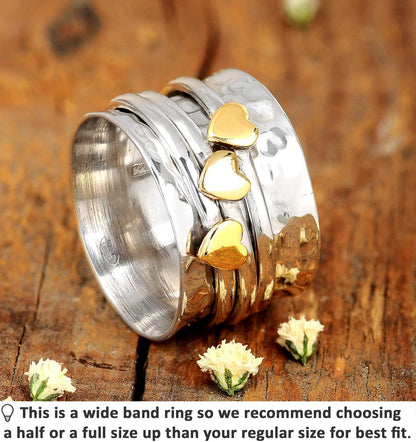 Spinner Ring for Women 925 Sterling Silver with Brass Hearts and Fidget Bands