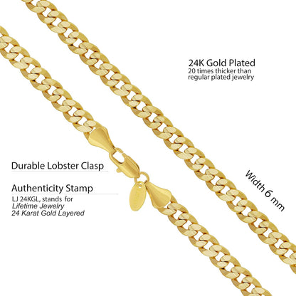 Cuban Link Chain Necklace 24K Gold Plated for Men and Women (6Mm & 9.5Mm)