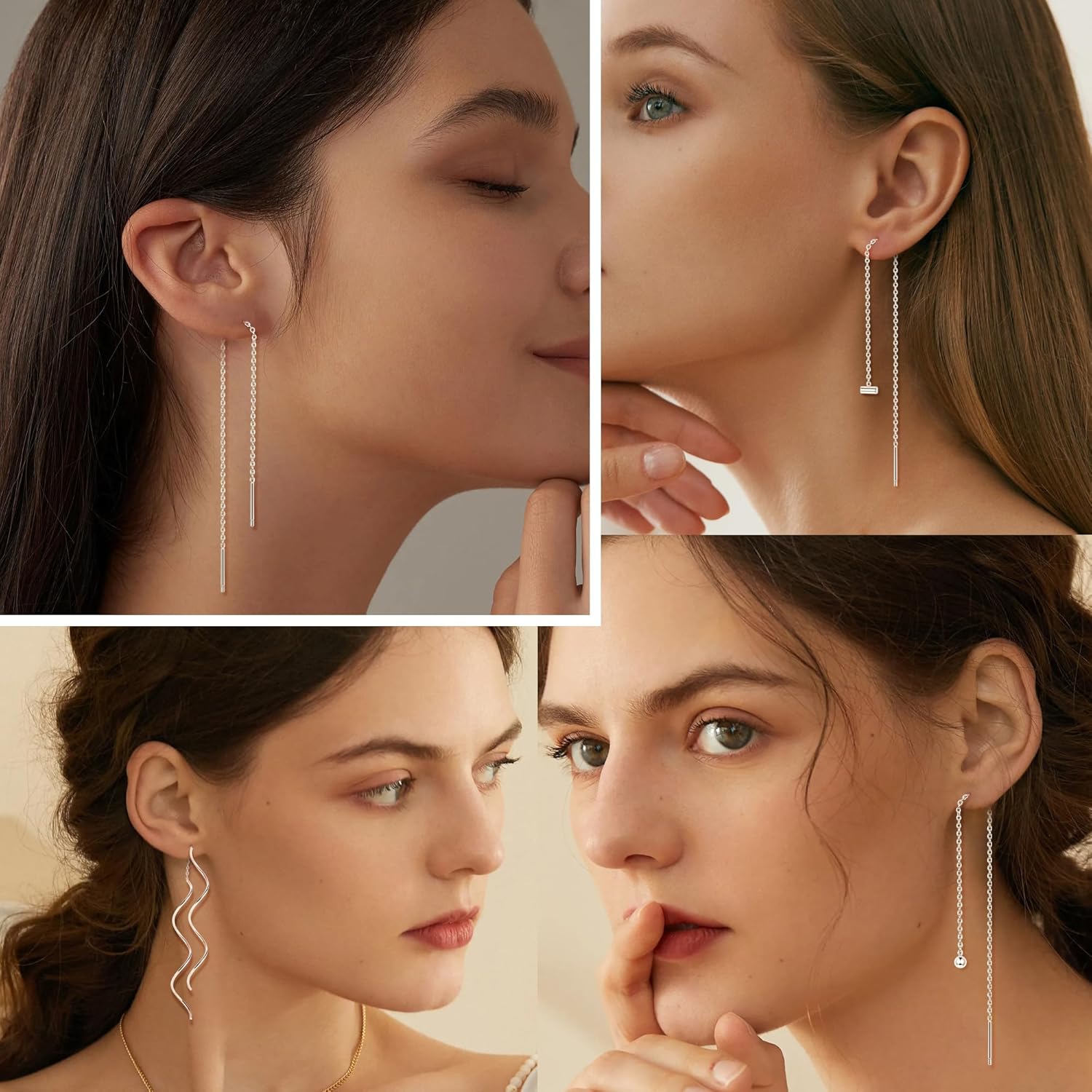 6 Pairs Stainless Steel Chain Tassel Earrings for Women Lightweight Wave Threader Ball Dangle Drop Minimalist Chain Earrings Set
