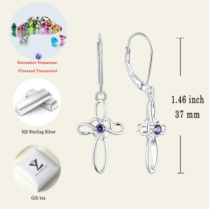 Celtic Knot Cross Earrings Sterling Silver Dangle Drop Earrings Birthstones Heart Religious Leverback Jewelry for Women