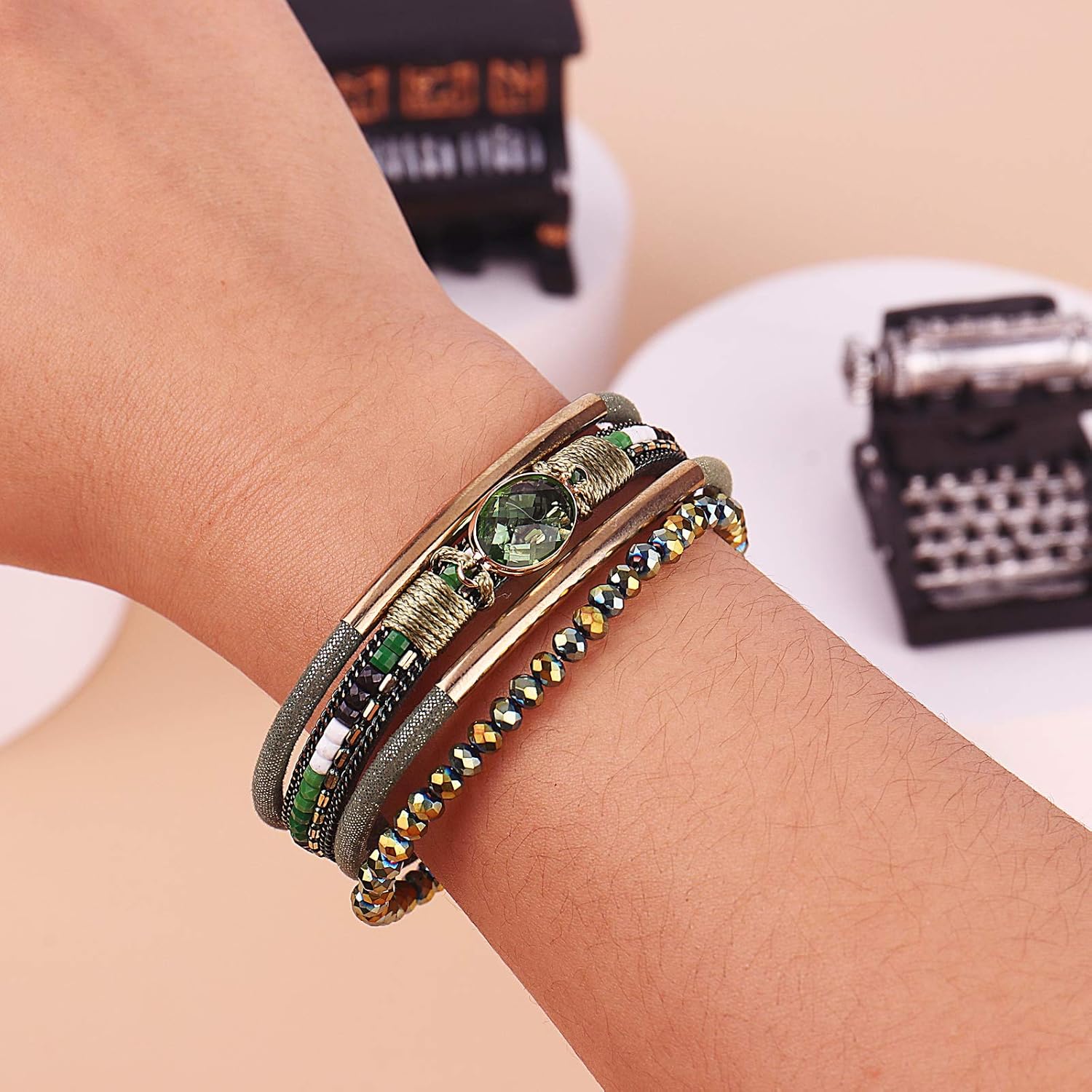 Leather Wrap Bracelets Crystal Beads Bracelet Boho Cuff Stone Charm Bracelets with Clasp Costume Jewelry for Women