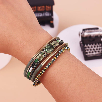 Leather Wrap Bracelets Crystal Beads Bracelet Boho Cuff Stone Charm Bracelets with Clasp Costume Jewelry for Women