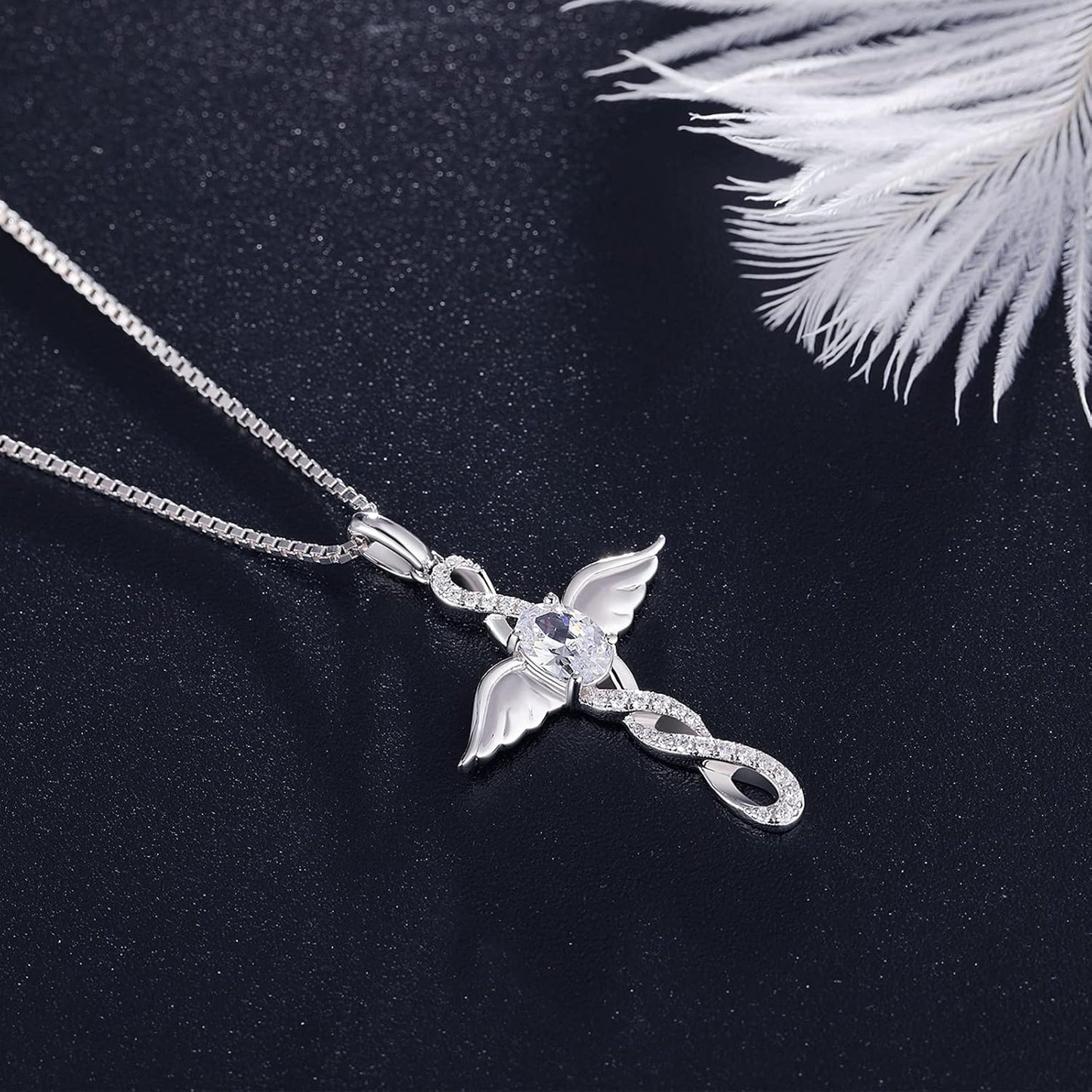 18K White Gold Plated Angel Wing Cross Necklace for Women 925 Sterling Silver Infinity Cross Pendant with Birthstone, Cross Jewelry Gift for Women with Gift Box