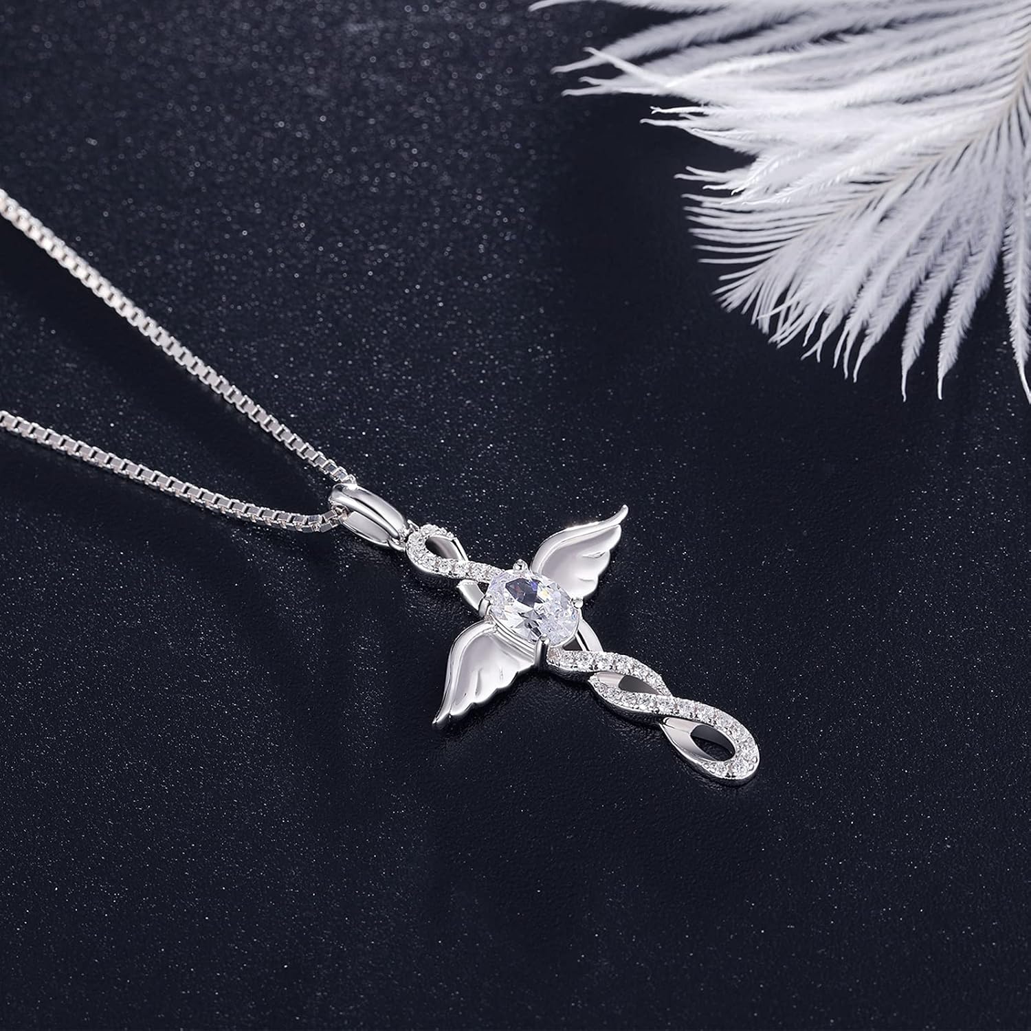18K White Gold Plated Angel Wing Cross Necklace for Women 925 Sterling Silver Infinity Cross Pendant with Birthstone, Cross Jewelry Gift for Women with Gift Box