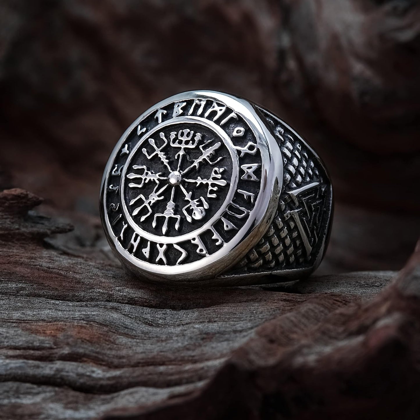 Vegvisir the Viking Runic Compass Ring with Rune Circle and Double Valknut Symbol 316L Stainless Steel Norse Scandinavian Viking Jewelry