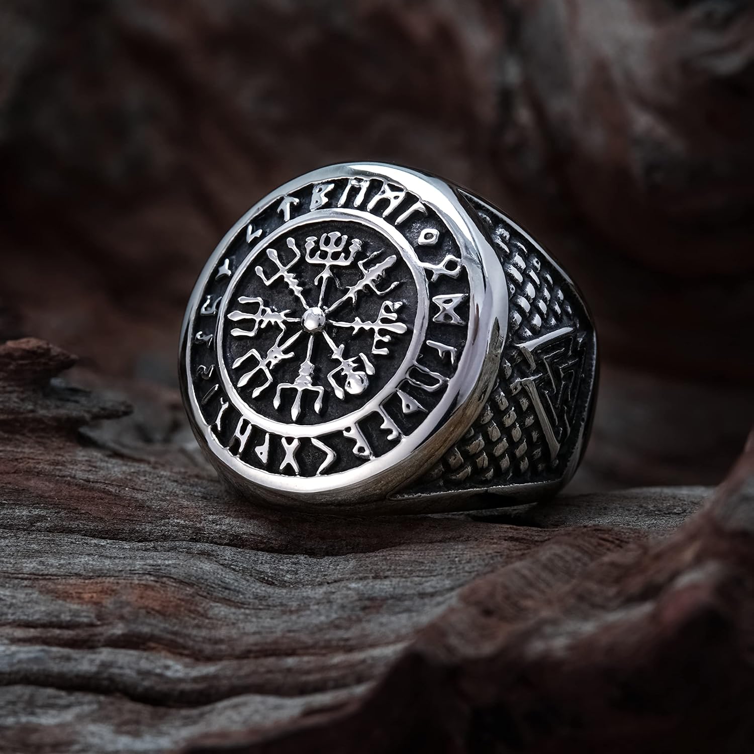 Vegvisir the Viking Runic Compass Ring with Rune Circle and Double Valknut Symbol 316L Stainless Steel Norse Scandinavian Viking Jewelry
