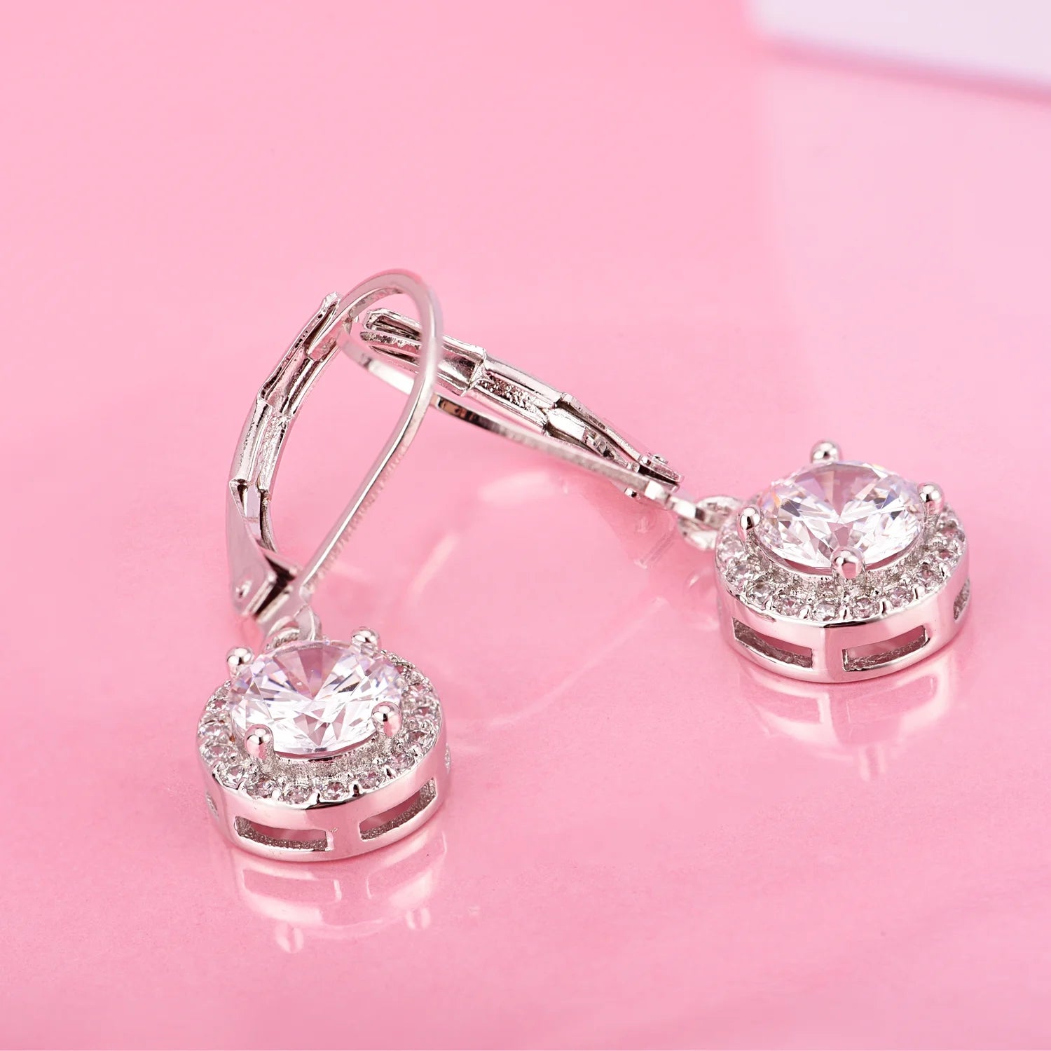 Halo Crystal Leverback Drop and Dangle Earrings in 18K White Gold Plated