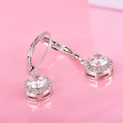 Halo Crystal Leverback Drop and Dangle Earrings in 18K White Gold Plated