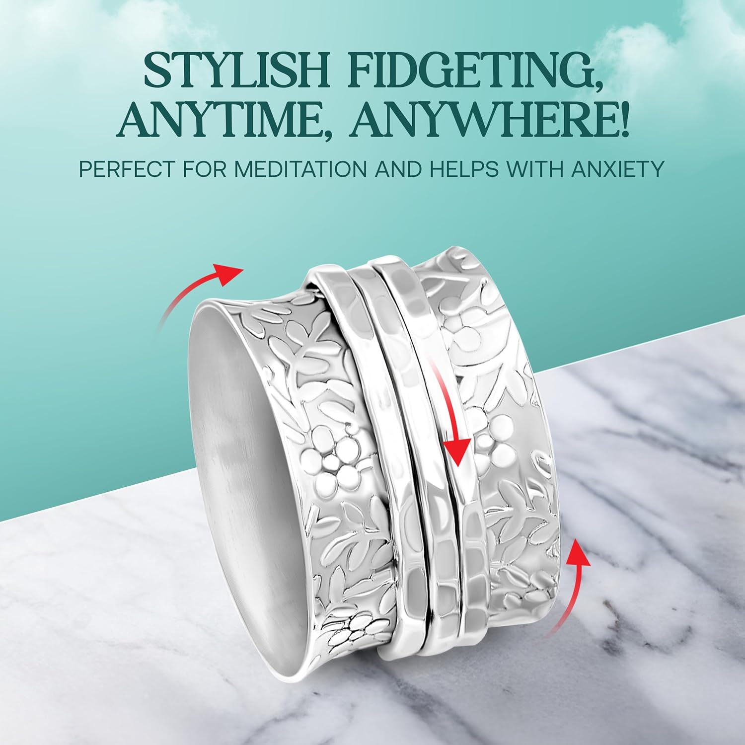 Sterling Silver Spinner Ring for Women – 925 Spinning Ring Band – Wide Band Silver Fidget Rings for Women - for Meditation, Relaxation & Comfort