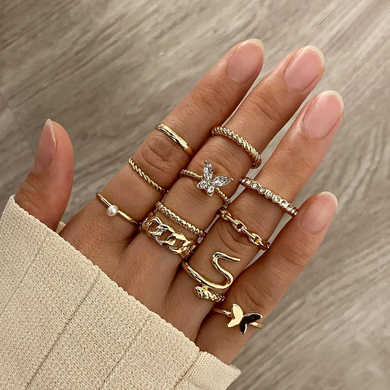 Gold Knuckle Rings Set for Women, Boho Butterfly Snake Stackable Joint Finger Rings, Trendy Crystal Size Mixed Midi Pack