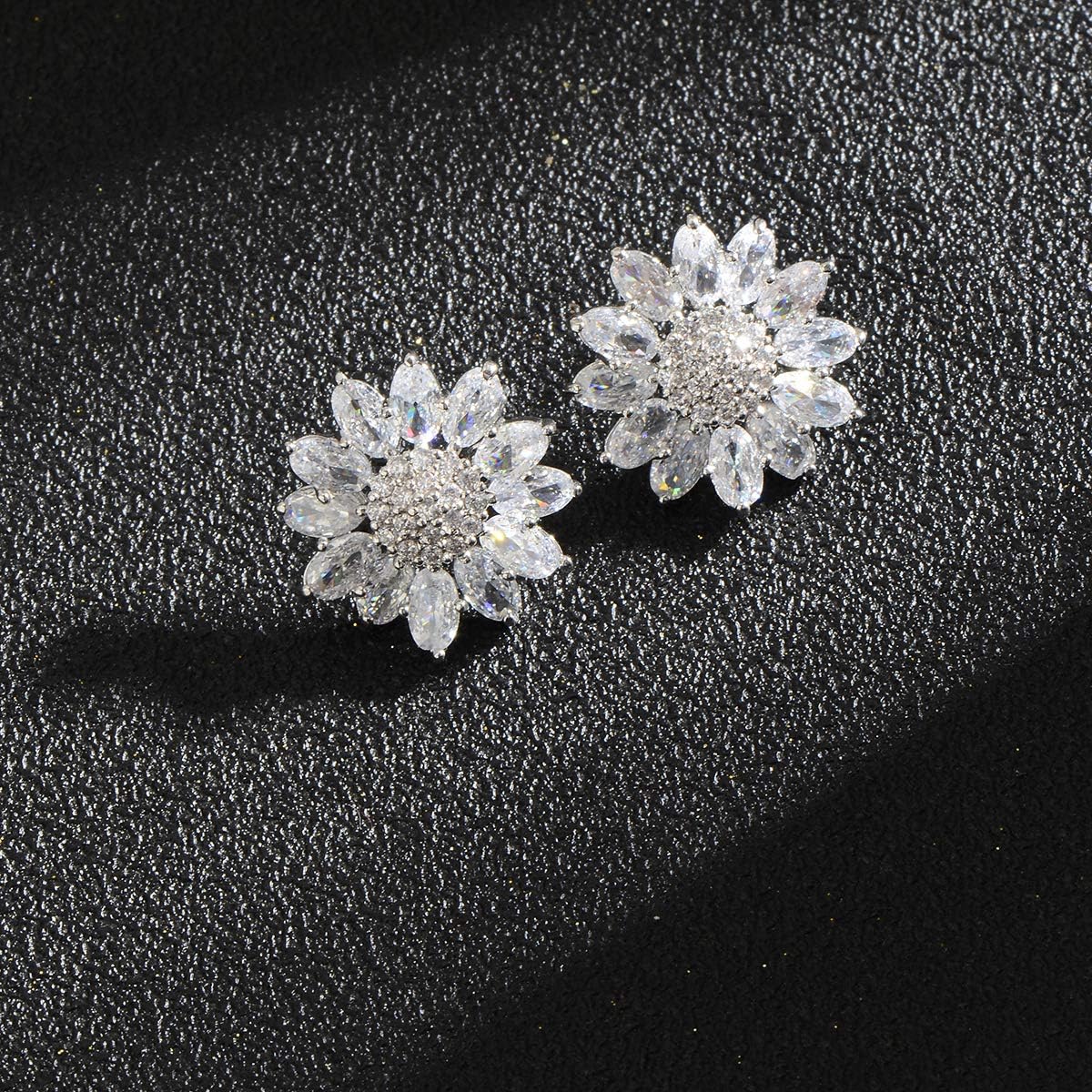 Crystal Flower Burst Stud Earirings - Big Sterling Silver CZ Cubic Zirconia Rhinestone Daisy Sunflower Floral Cluster Studs Bridal Wedding Party Prom Costume Jewelry for Bride Bridesmaids Women Birthstone Birthday Gift