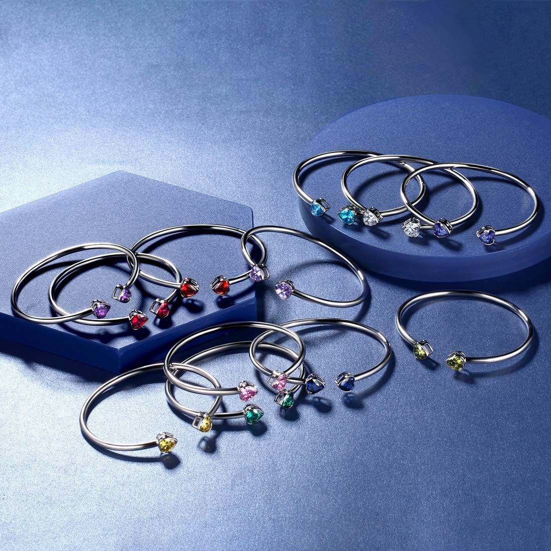 Birthstone Double Heart Adjustable Bracelets Silver Plated Birth Stone Open Bracelets Birthday Gifts Jewelry for and Women KB0018