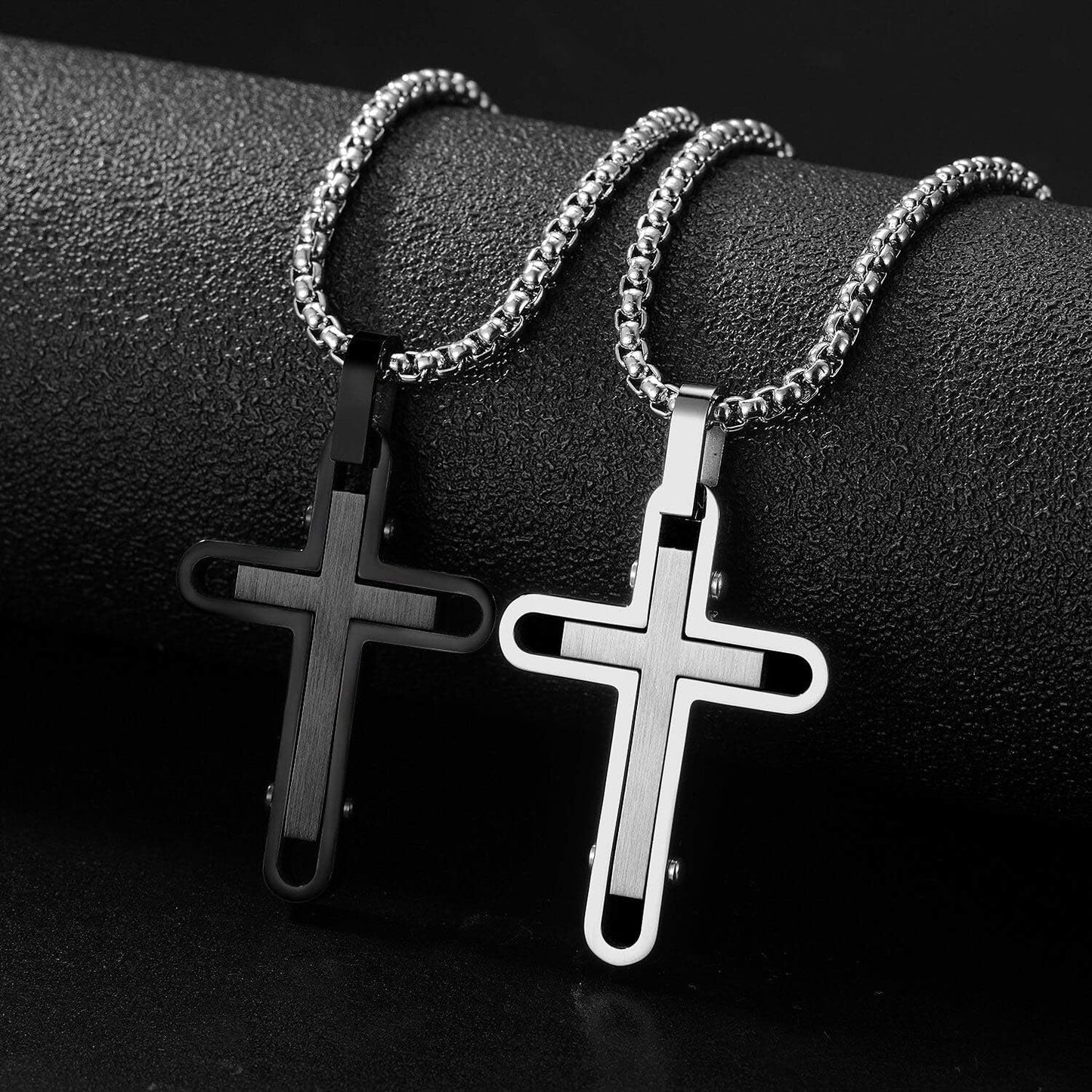 Men'S Cross Necklace 316L Stainless Steel Pendant White/Gold/Black/Blue Rolo Chain-Gift Box Included