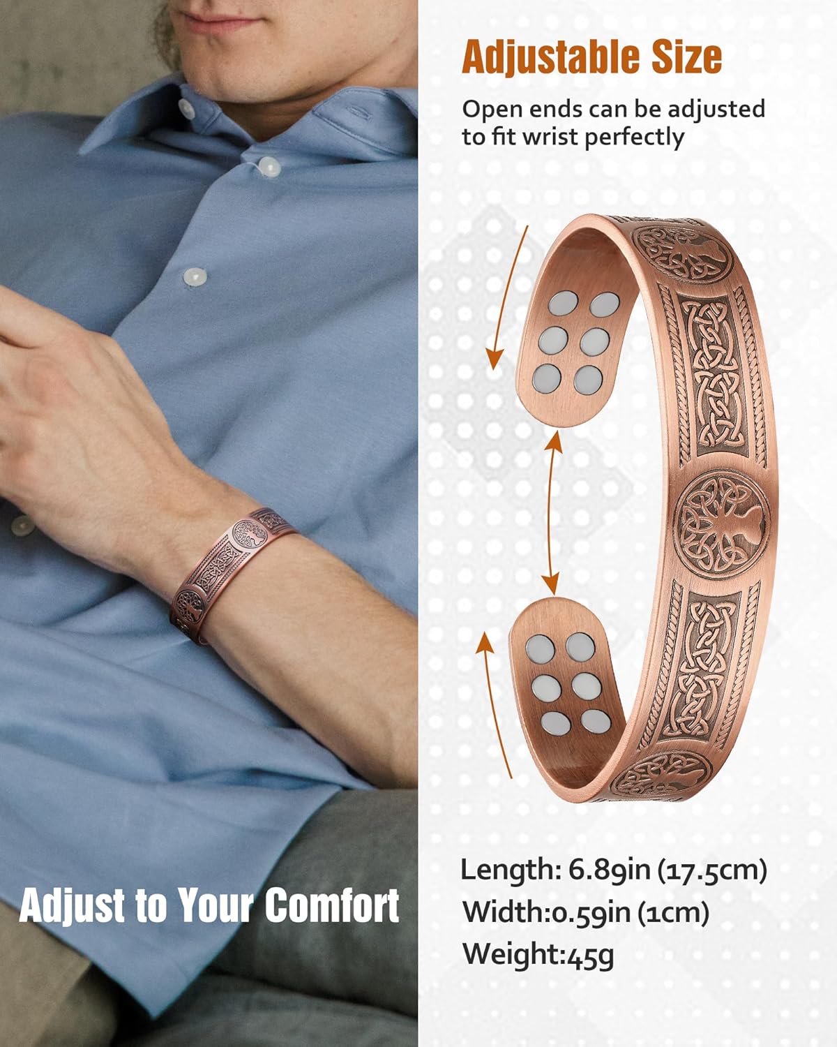 Copper Bracelet for Men, 18X Strength Mens Magnetic Bracelets with 3,800 Gauss Magnets, 99.99% Pure Solid Copper Jewelry Gift