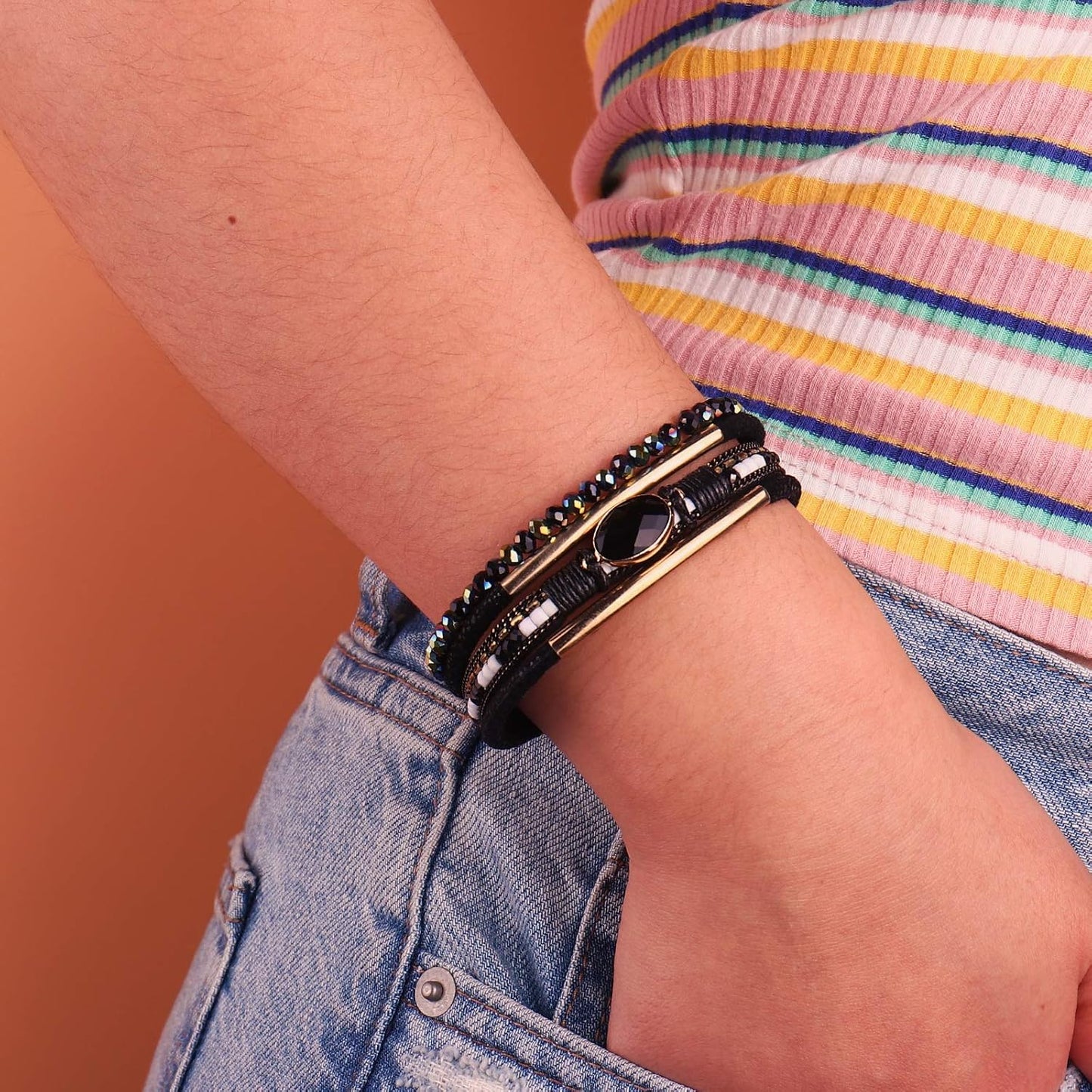 Leather Wrap Bracelets Crystal Beads Bracelet Boho Cuff Stone Charm Bracelets with Clasp Costume Jewelry for Women