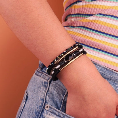 Leather Wrap Bracelets Crystal Beads Bracelet Boho Cuff Stone Charm Bracelets with Clasp Costume Jewelry for Women