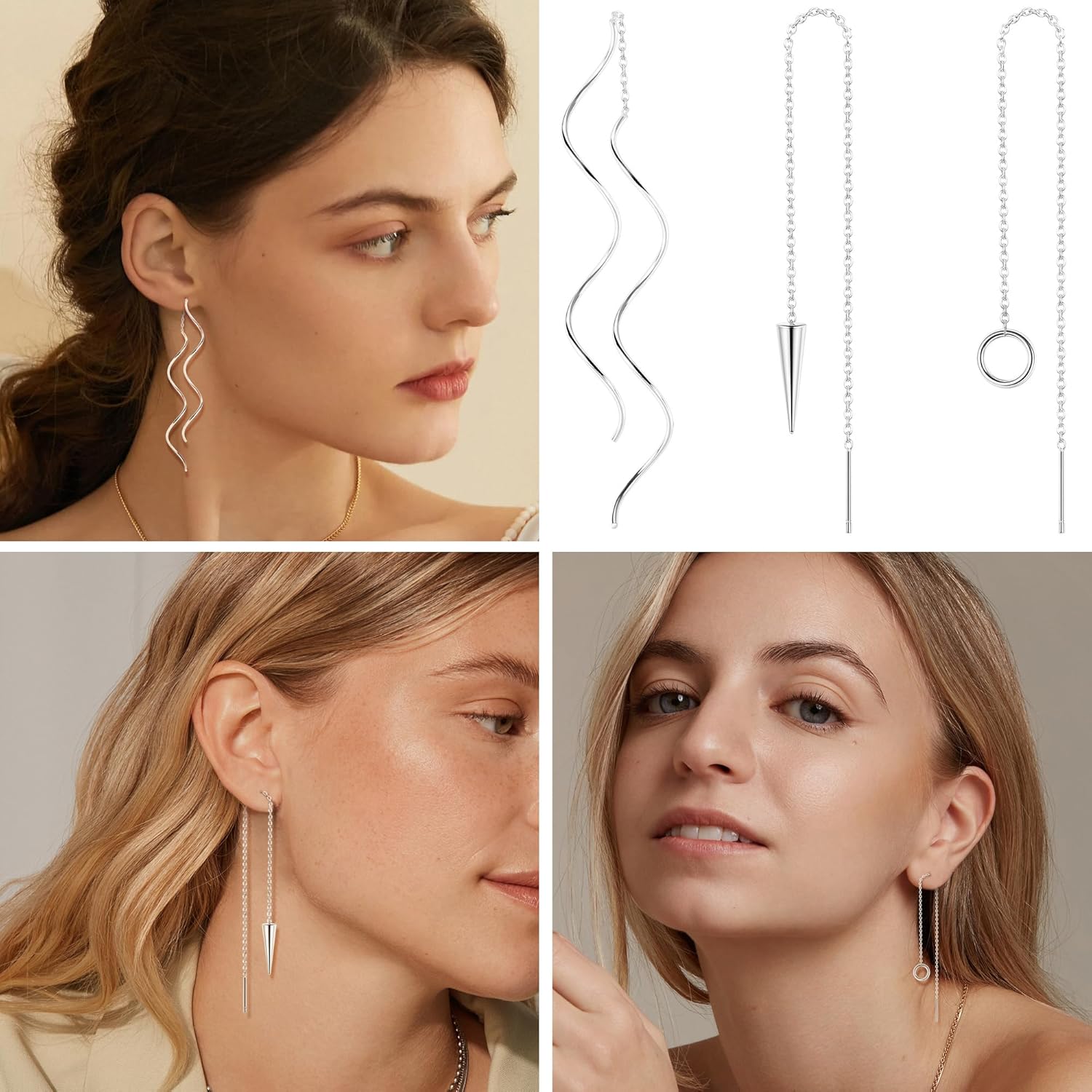 6 Pairs Stainless Steel Chain Tassel Earrings for Women Lightweight Wave Threader Ball Dangle Drop Minimalist Chain Earrings Set