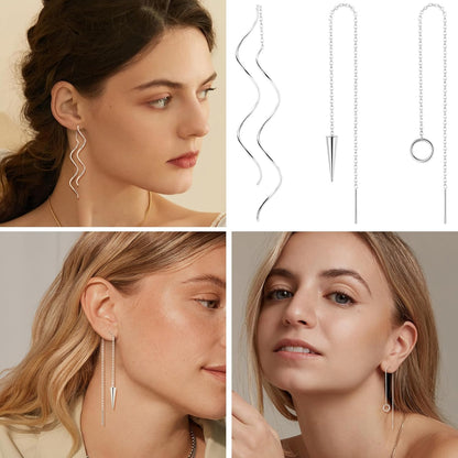 6 Pairs Stainless Steel Chain Tassel Earrings for Women Lightweight Wave Threader Ball Dangle Drop Minimalist Chain Earrings Set
