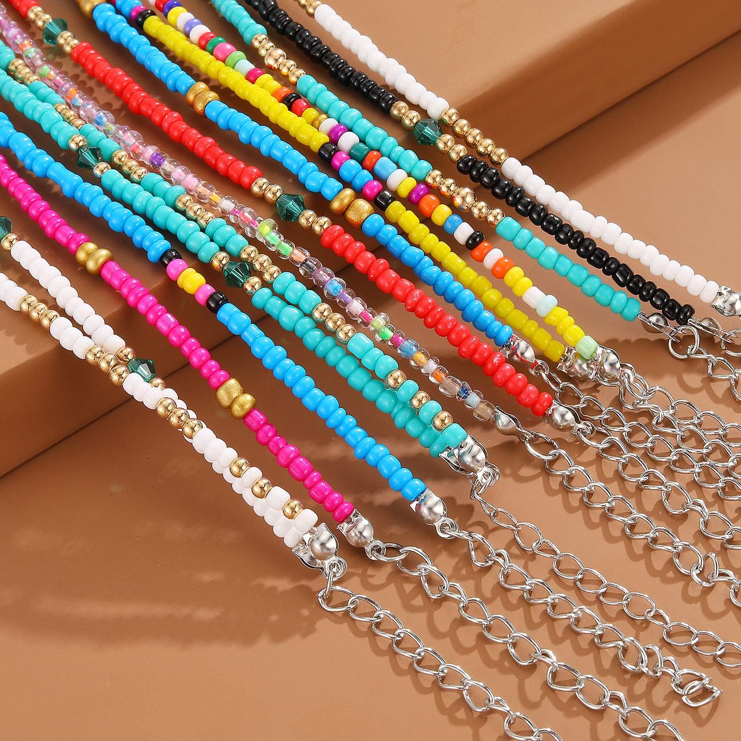 8Pcs Handmade Beaded Anklets for Women Boho Colorful Beads Ankle Bracelets Adjustable Foot Anklet Set