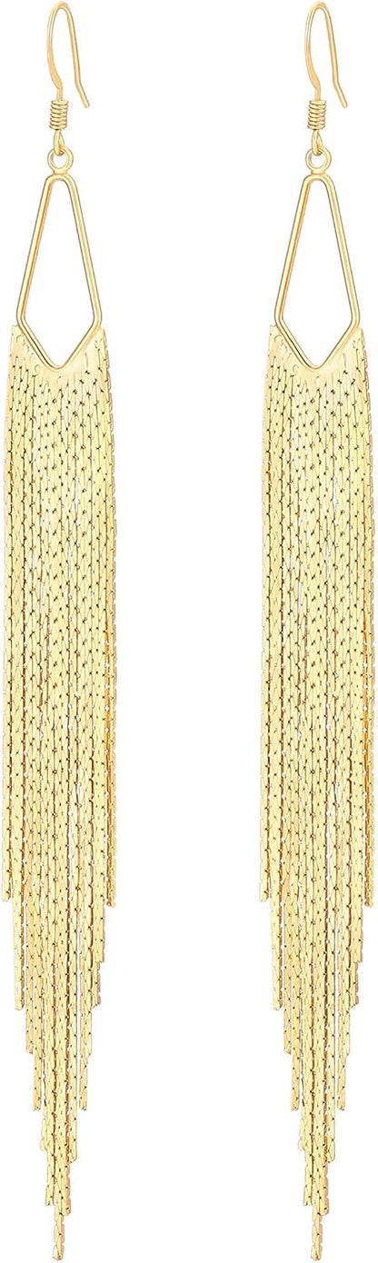 18K Gold Long Chain Tassel Earrings Trendy Sleek Chain Dangle Drop Earrings for Party Linear Fringe Earring