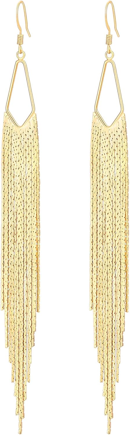 18K Gold Long Chain Tassel Earrings Trendy Sleek Chain Dangle Drop Earrings for Party Linear Fringe Earring