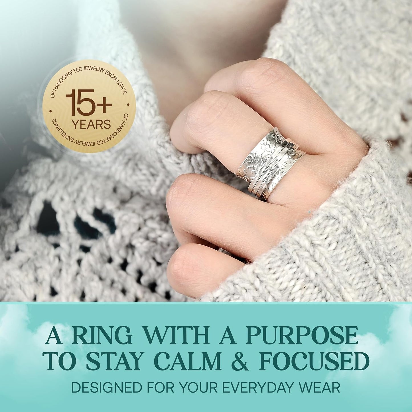 Sterling Silver Spinner Ring for Women – 925 Spinning Ring Band – Wide Band Silver Fidget Rings for Women - for Meditation, Relaxation & Comfort