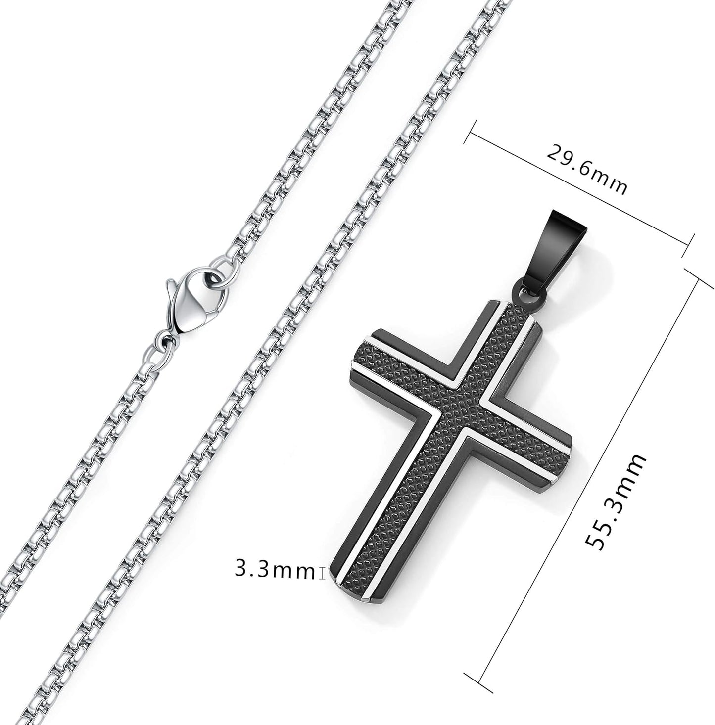 Men'S Stainless Steel Cross Necklace,Two-Tone Black & Blue Carbon Fiber Pendant - Included Gift Box