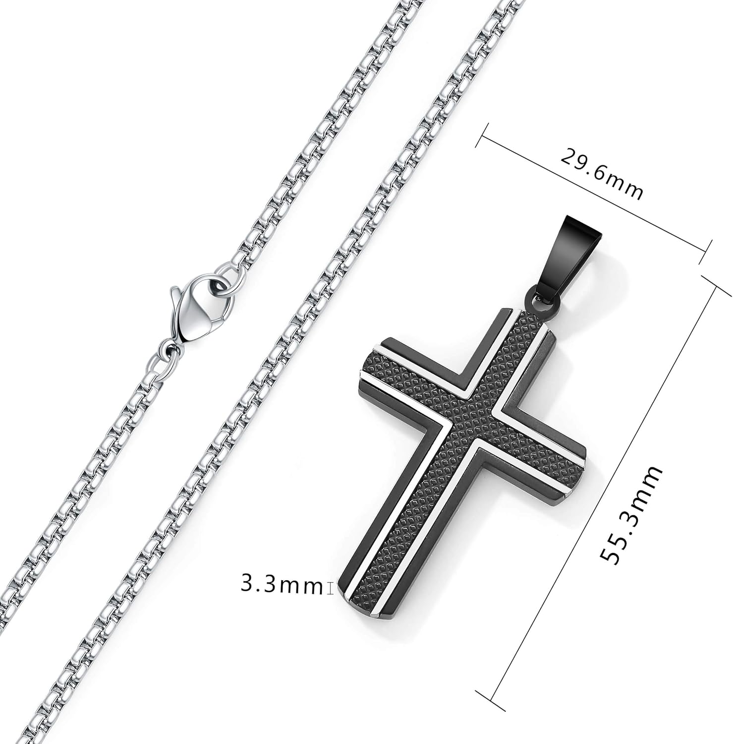 Men'S Stainless Steel Cross Necklace,Two-Tone Black & Blue Carbon Fiber Pendant - Included Gift Box