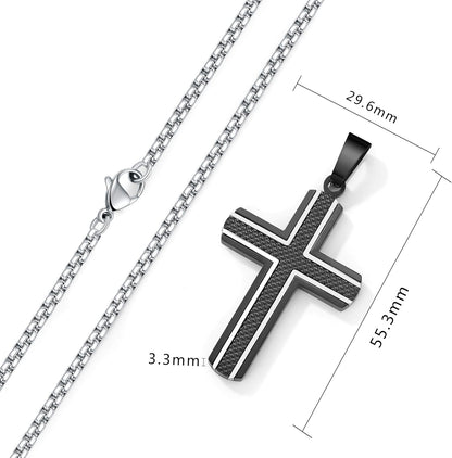 Men'S Stainless Steel Cross Necklace,Two-Tone Black & Blue Carbon Fiber Pendant - Included Gift Box