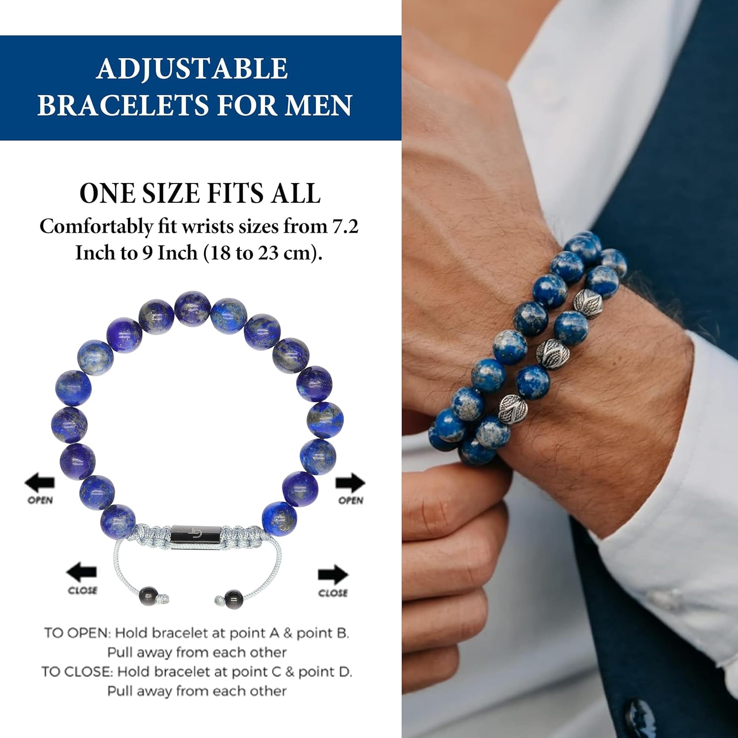 Bracelet for Men, Adjustable Beaded Bracelet