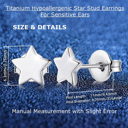 Titanium Earrings, Hypoallergenic Stud Earrings for Women Men Sensitive Ears Star/Moon/Lightning Bolt/Open Heart Premium High Polished (Shiny Grey)