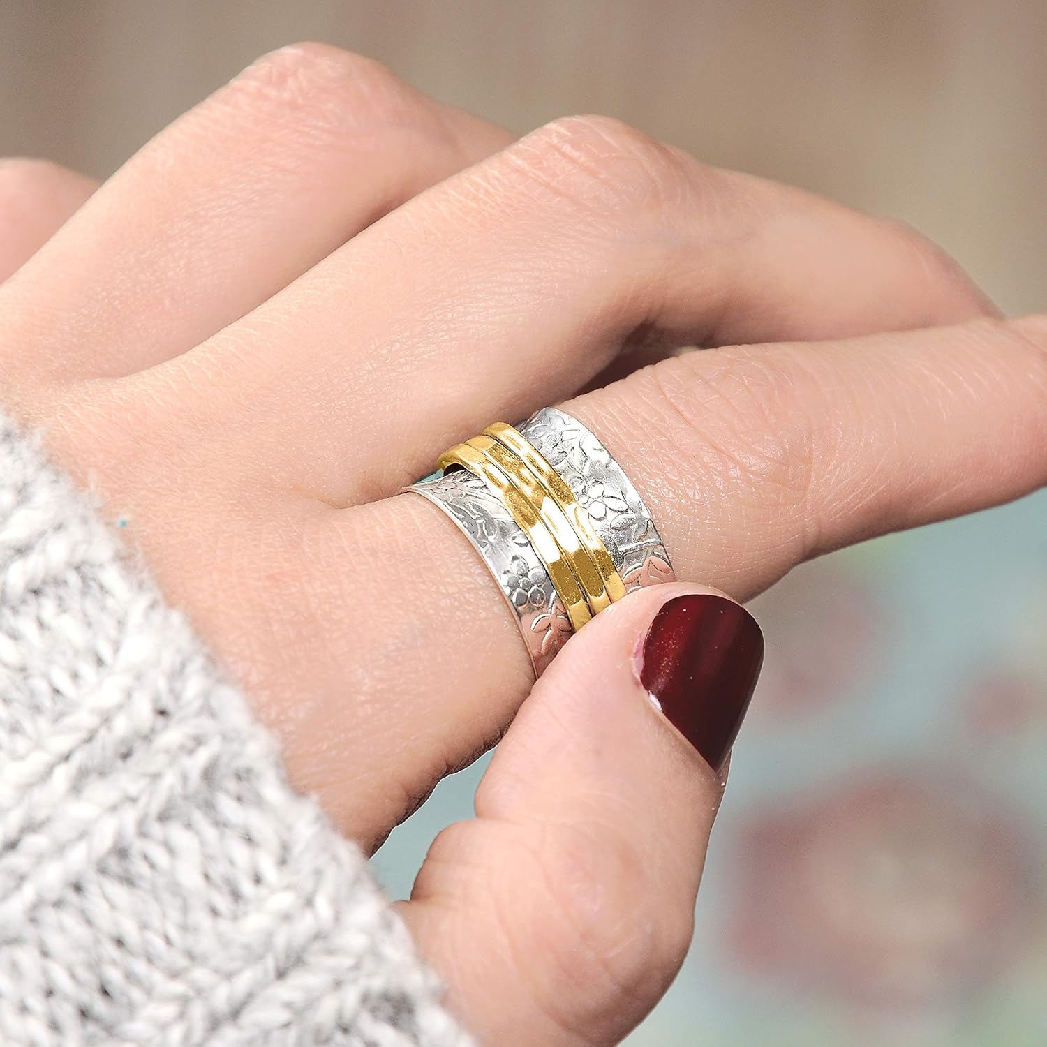 925 Sterling Silver Spinner Flowers Ring for Women with 3 Brass Fidget Rings Wide Band