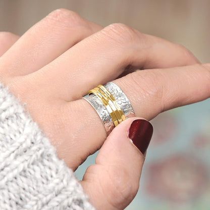 925 Sterling Silver Spinner Flowers Ring for Women with 3 Brass Fidget Rings Wide Band