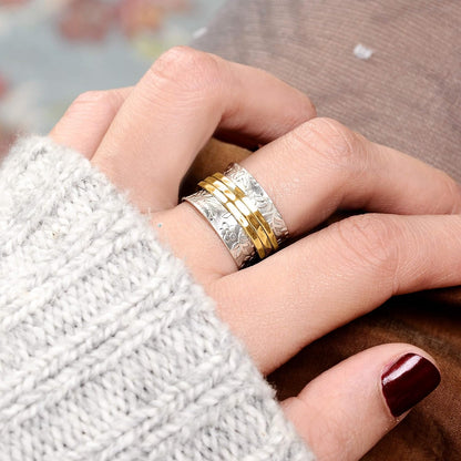 925 Sterling Silver Spinner Flowers Ring for Women with 3 Brass Fidget Rings Wide Band